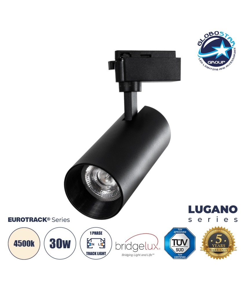 GloboStar® LUGANO 60816 Μονοφασικό Φωτιστικό Σποτ Ράγας LED 30W 3750lm 36° Acrylic HQ LENS AC 220-240V IP20 Φ7.5 x Υ22.7cm Φυσικό Λευκό 4500K - EUROTRACK® System 1L+1N - Μαύρο - Bridgelux Chip - TÜV Certified Driver - 5 Χρόνια Εγγύηση